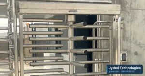 Stainless steel full-height turnstile with an access control reader