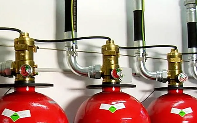 FM200 fire suppression cylinders with valves and pipework